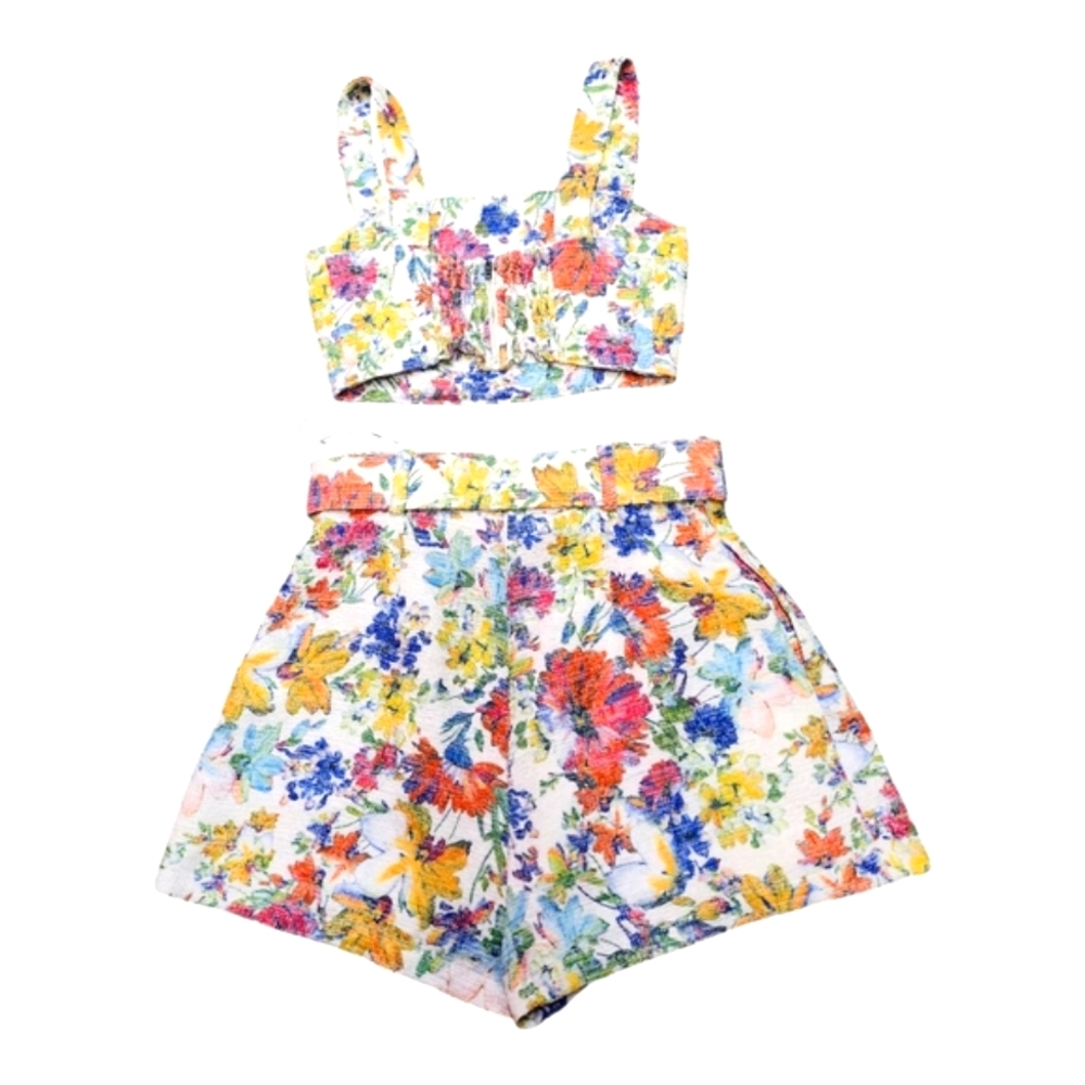 Lavender Brown Floral Tweed Two-Piece Short Set NWT Designer Small - Picture 3 of 5
